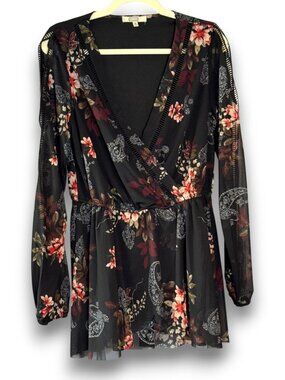 Gimmicks by BKE Black Floral Paisley Sheer Wrap Blouse Tunic Medium NWOT